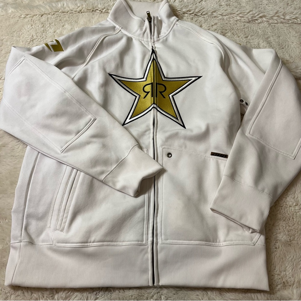 Vintage rockstar energy zip up hoodie White large Y2K spell out embroidered